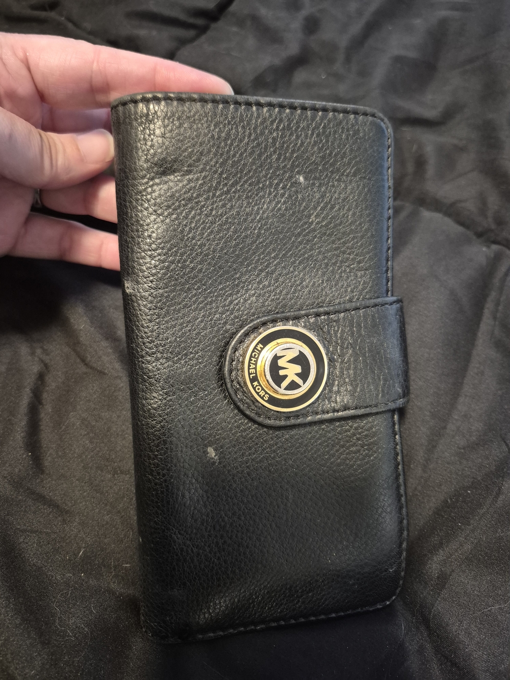 Michael Kors Black Leather Wallet Phone Case with Gold MK Emblem